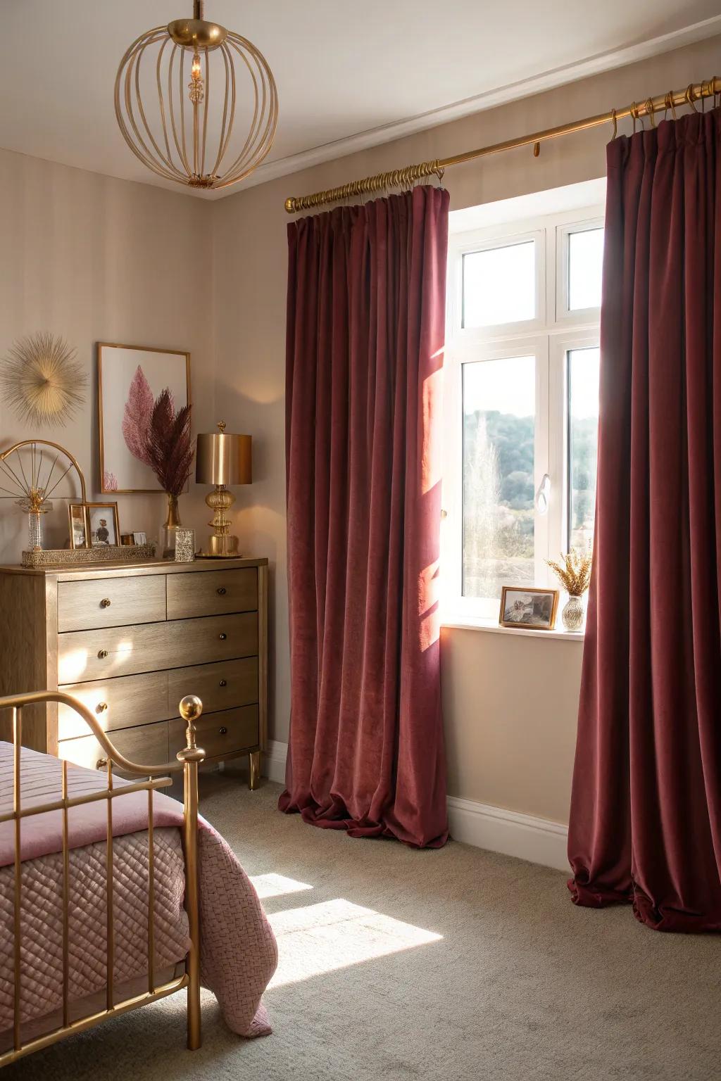 Burgundy curtains frame the windows beautifully and add warmth to the room.