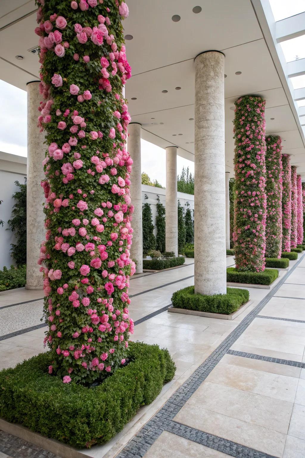Bring a modern flair with structured ice plant columns.