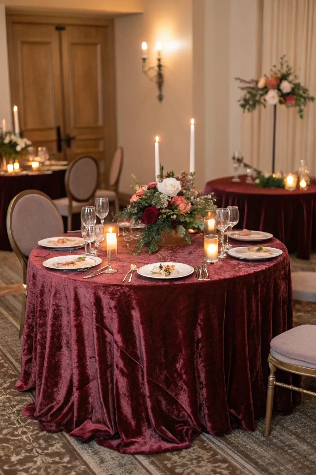 Sophisticated velvet table covering for a winter wedding.