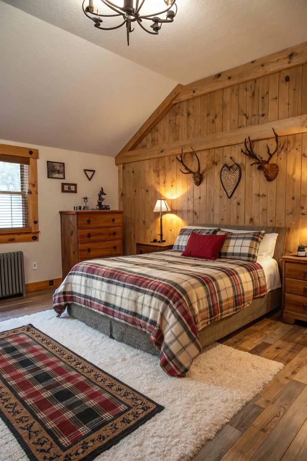 Horn ornamentation appends a wild, natural impression to countryside sleeping quarters.