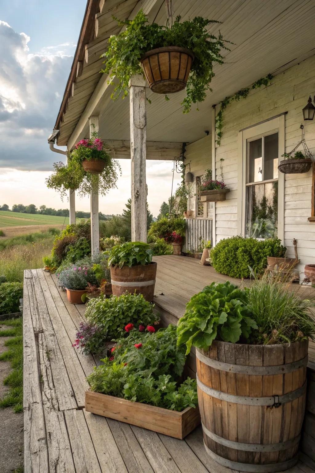 Lush greenery creates a serene atmosphere on this farmhouse porch.