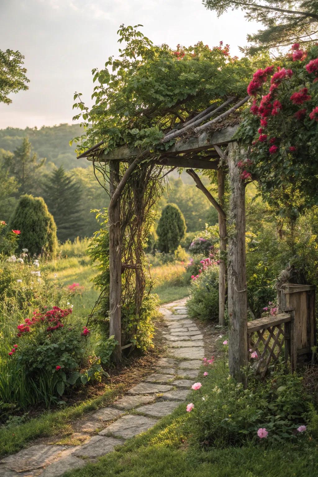 A charming archway adorned with lush climbing greenery.