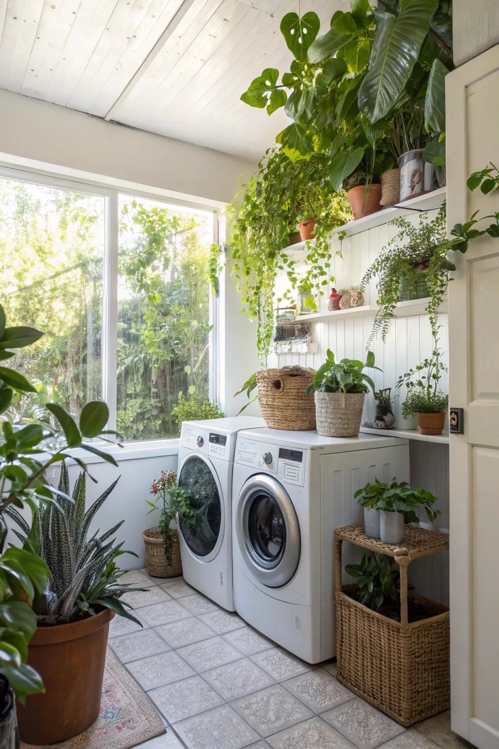 Plants add a refreshing, natural touch to the laundry space.