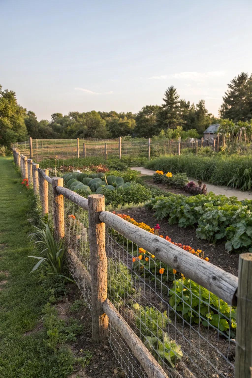 A log fence equipped with wire mesh shields a thriving vegetable garden from local wildlife.