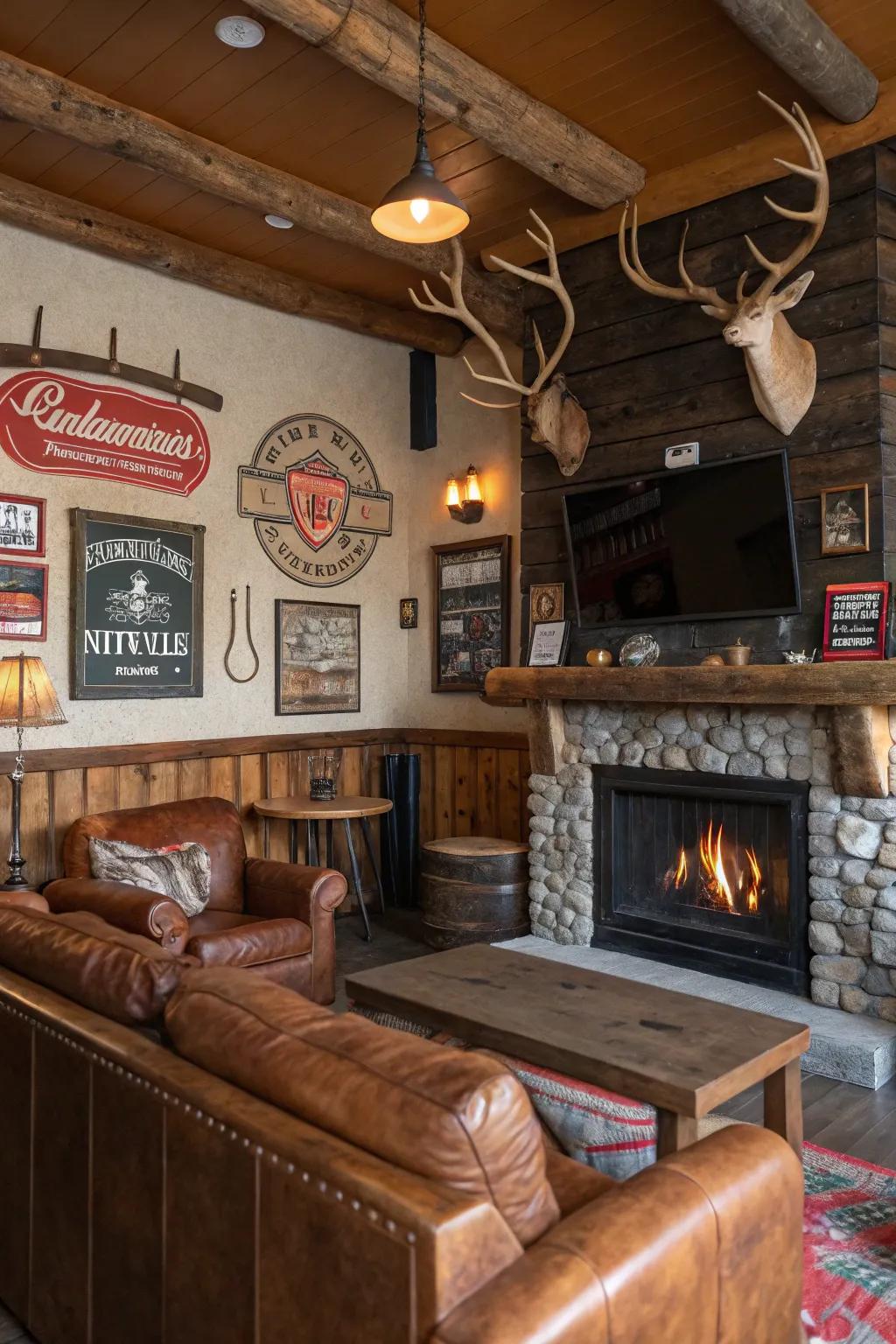 Rustic trimmings, including antlers and vintage boards, add character to this man cave.
