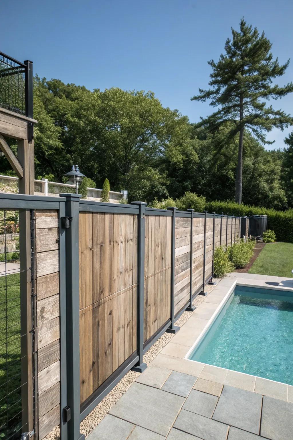 A modern rustic fence with wood and metal elements.