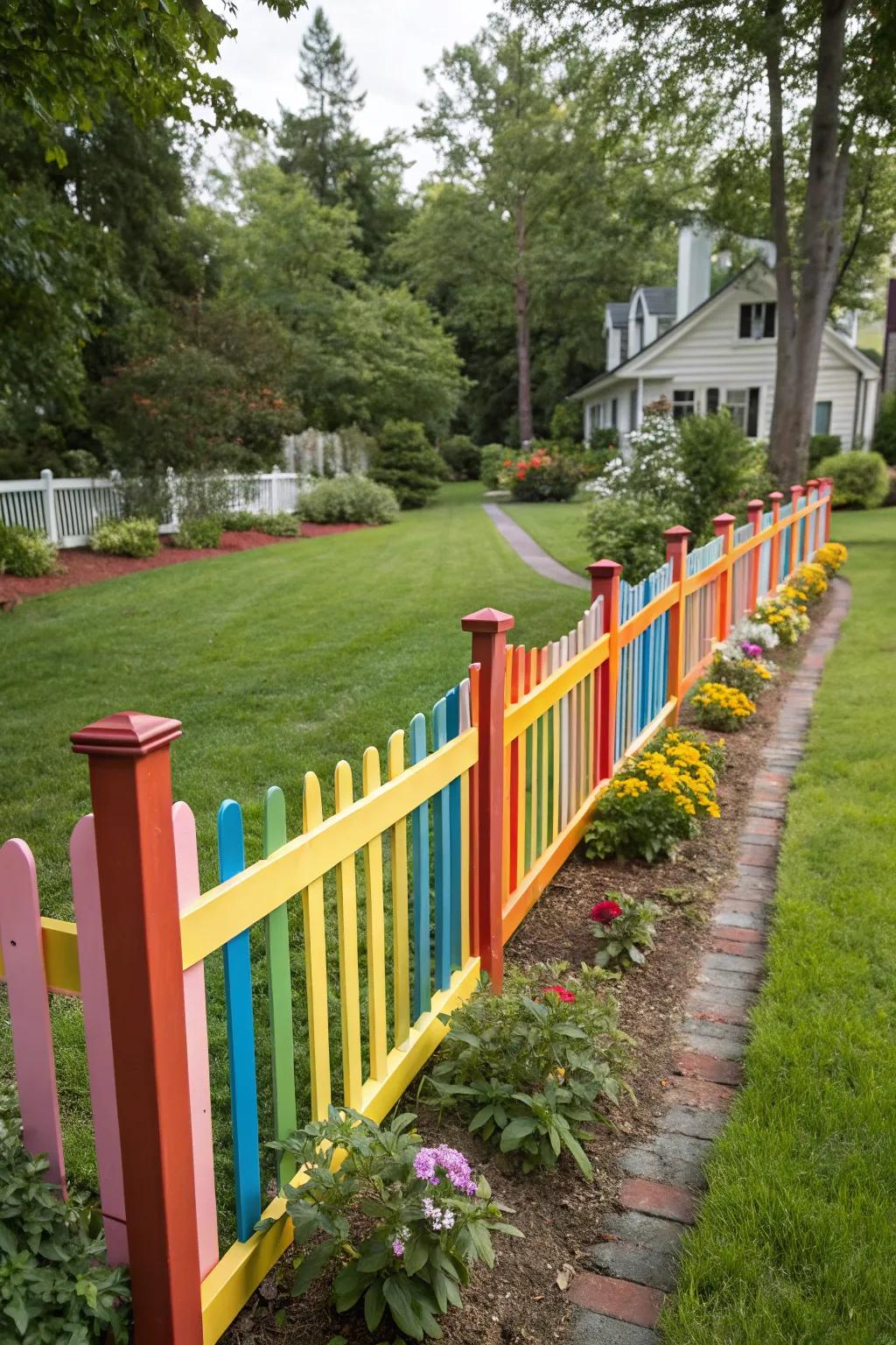 A colorful painted split rail fence adds a modern twist to a rustic yard.