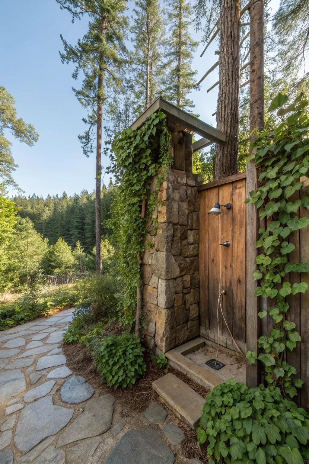 A shower featuring greenery that adds a refreshing and natural touch to the rustic design.