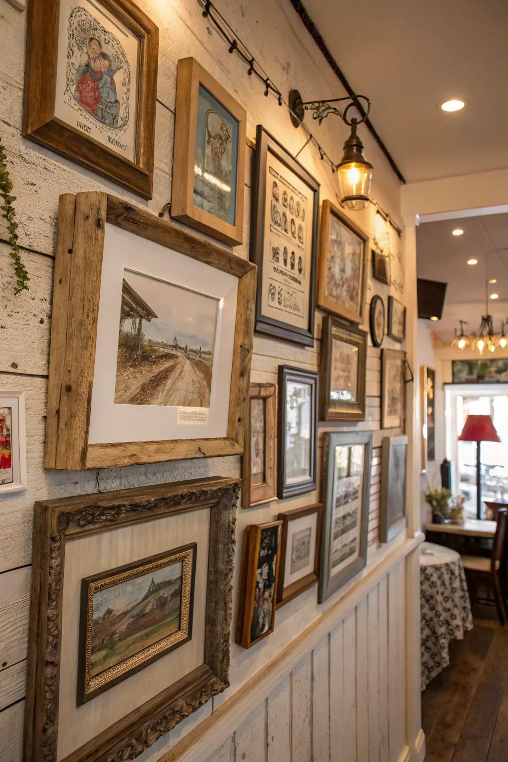 A countryside gallery wall showcasing a fusion of timber frames and vintage artistry.