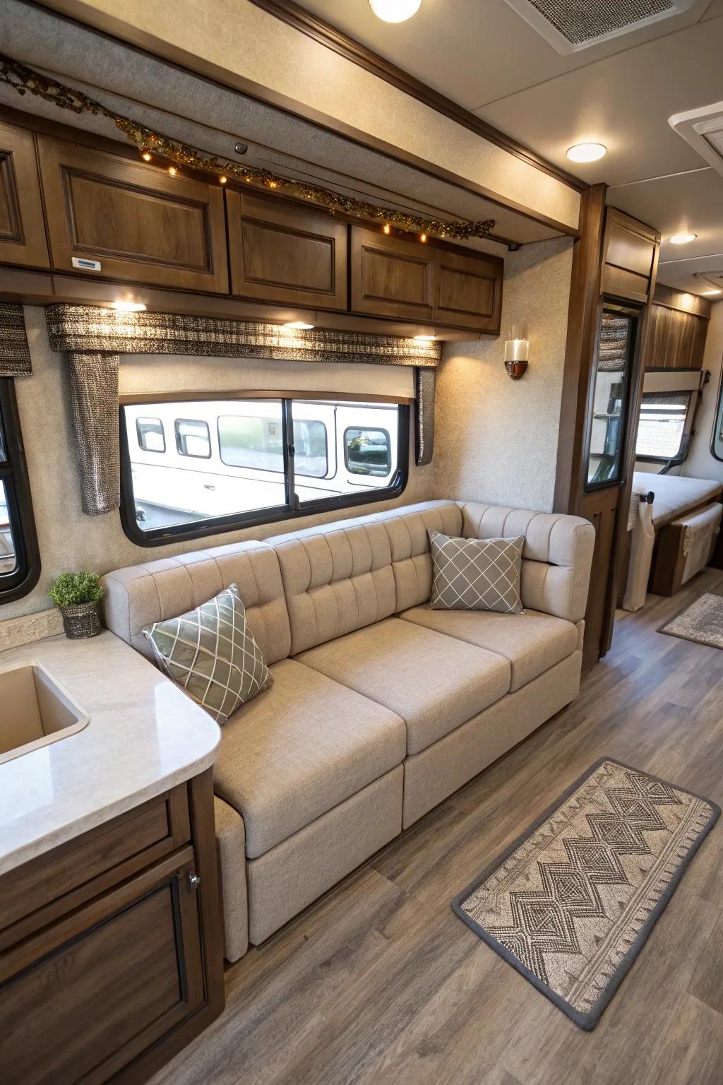 L-shaped sofas maximize corner spaces in your RV.