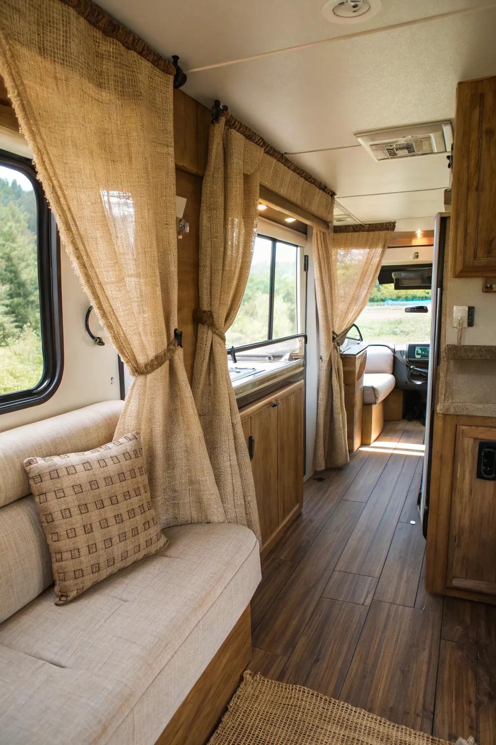 Bring rustic elegance to your RV with coarse fabric curtains.