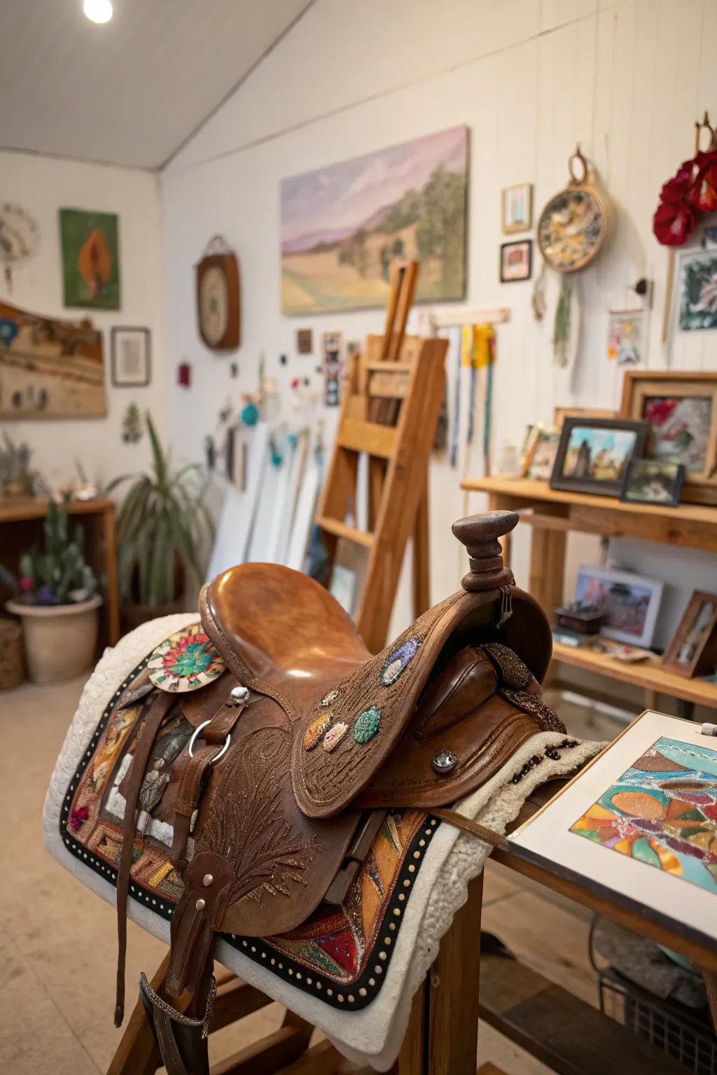In this creative studio space, a riding seat has been turned into a creative focal point.
