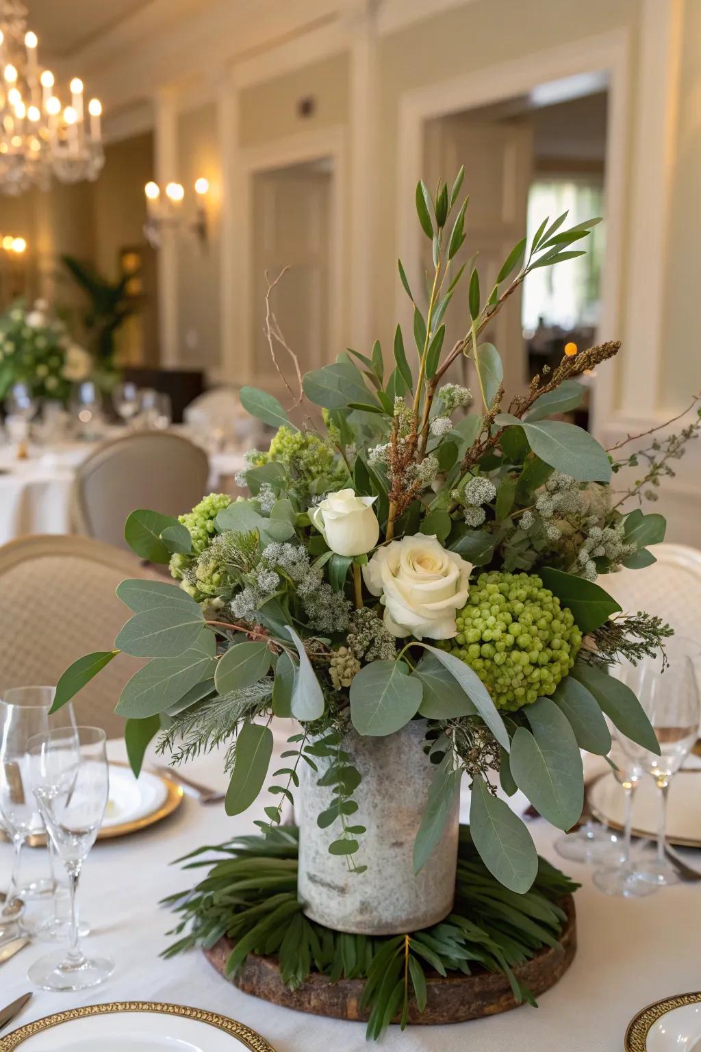 This vibrant combination of natural foliage and sage green breathes new life into any space.