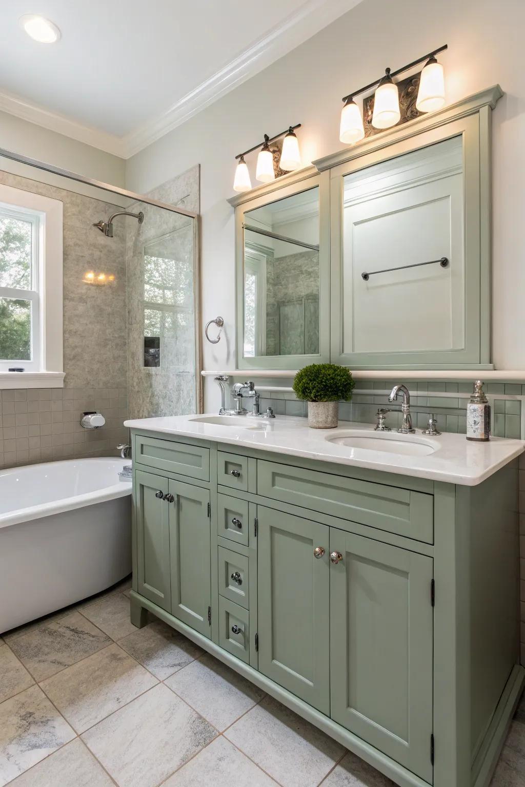 A vibrant bathroom presenting a sage green vanity enhanced by white fixtures.