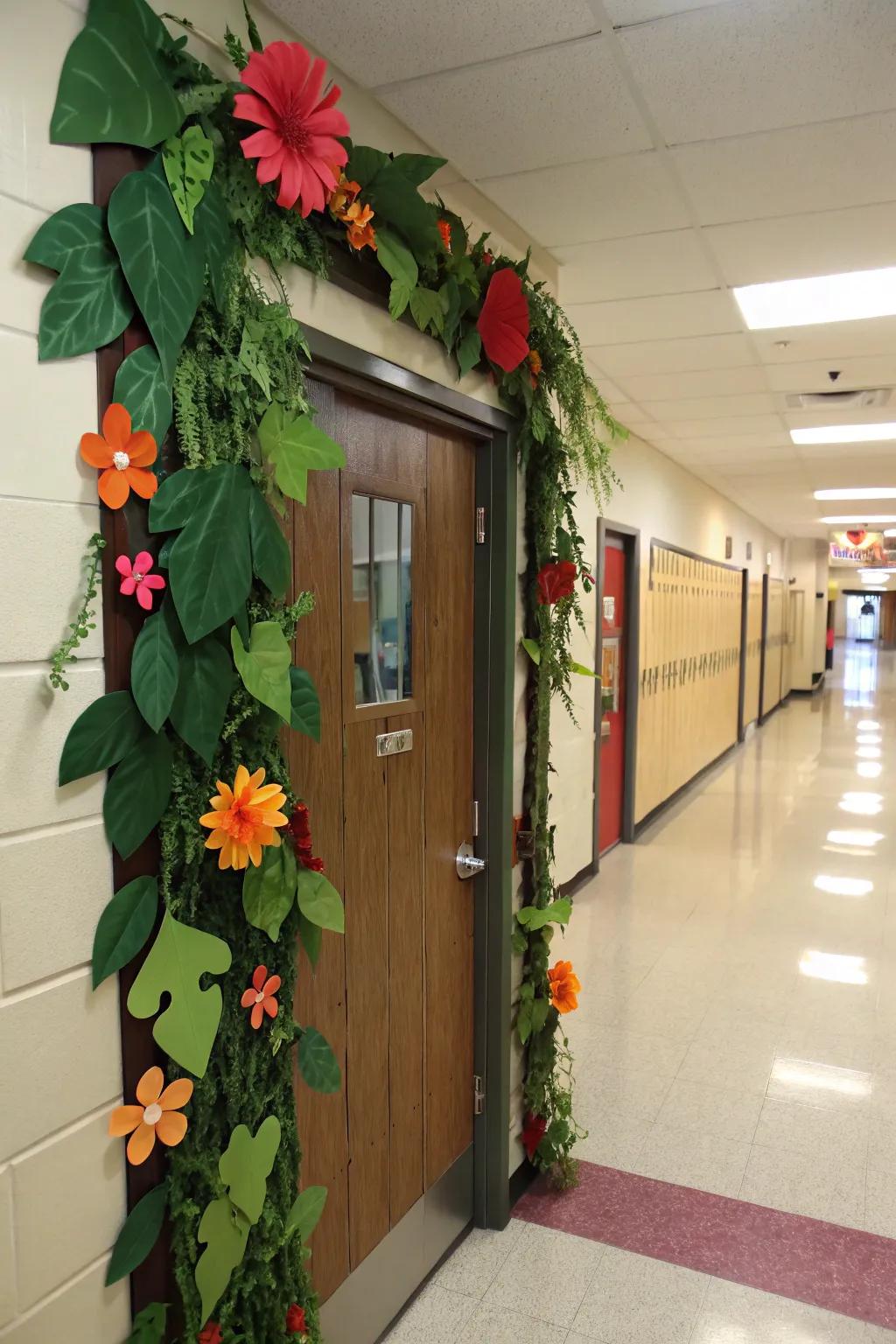 A nature-inspired school nurse door uses leaves and flowers.