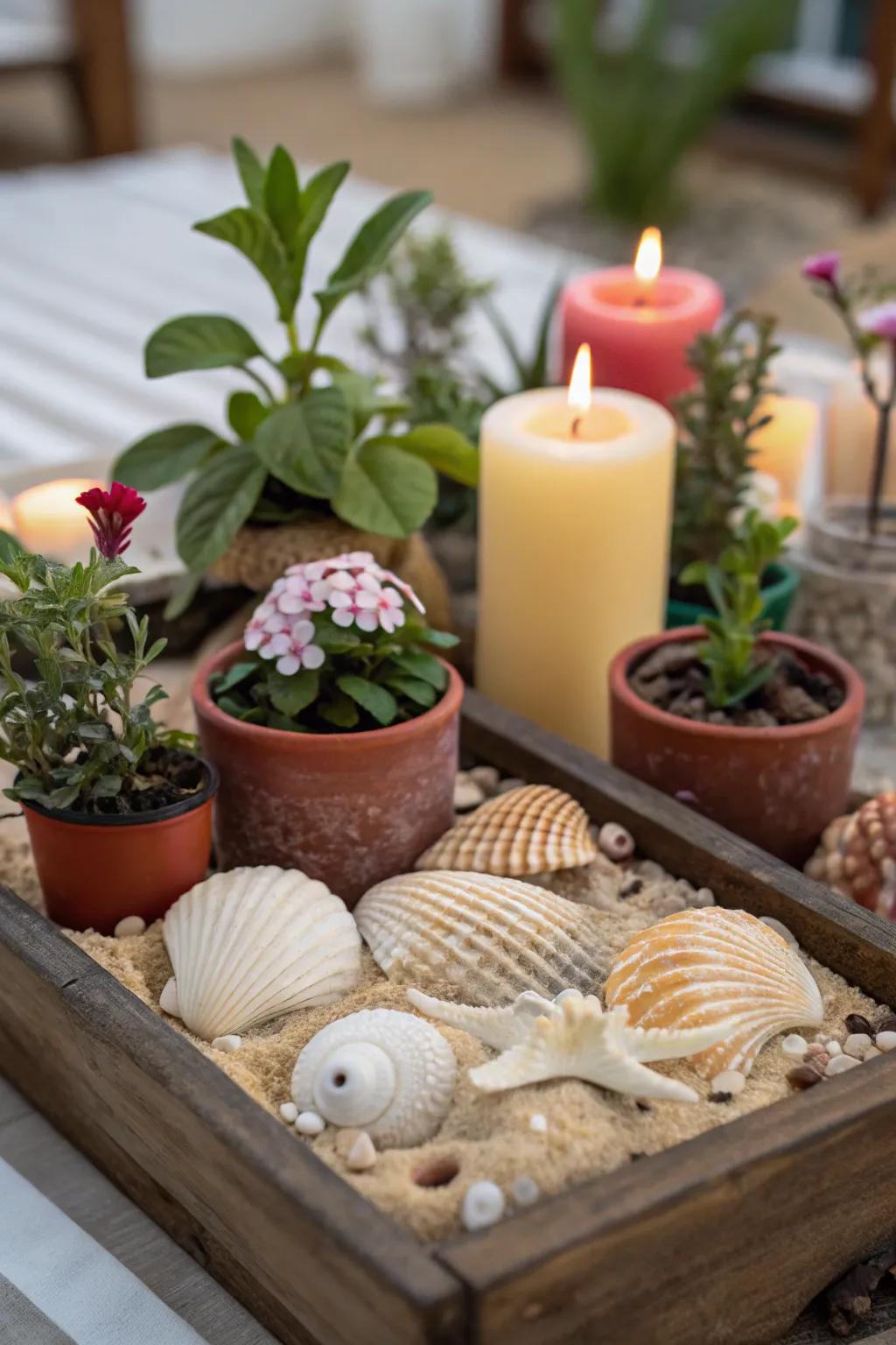A combination of seashells and other ornamental pieces yields a visually-engaging display.