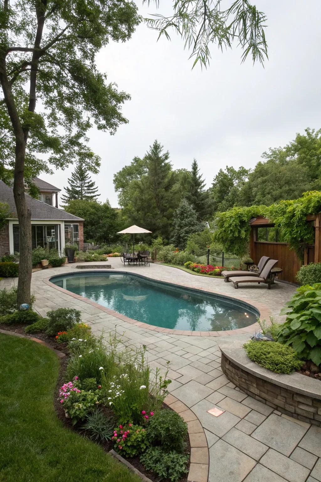 A semi-inground pool smoothly integrated into a unified backyard layout.