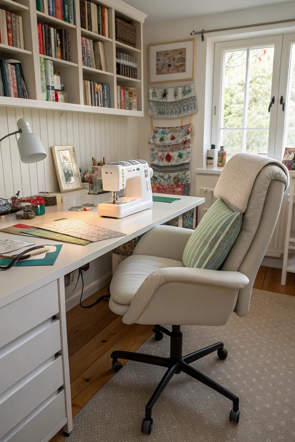 A comfortable chair supports long hours of creative work.