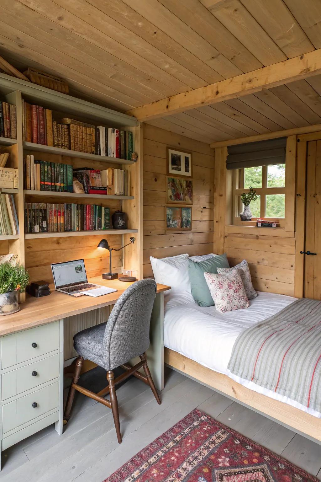 A multipurpose shed combines a sleeping area with a functional workspace.