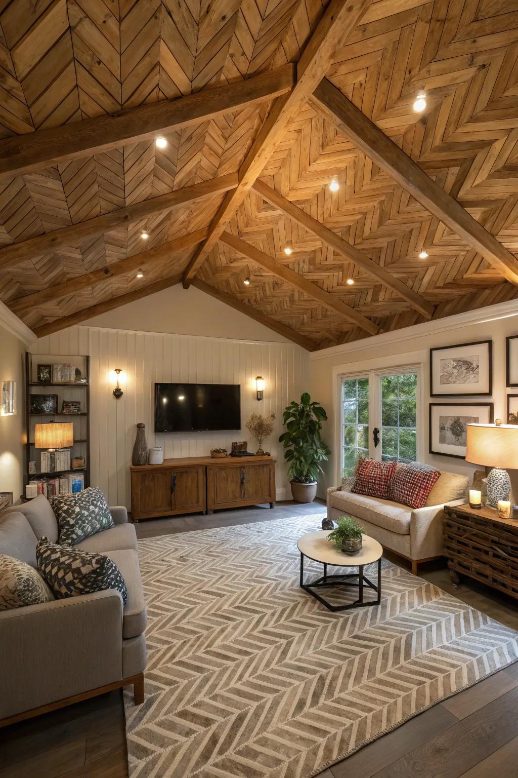 A herringbone patterned shed ceiling creating a visual statement.