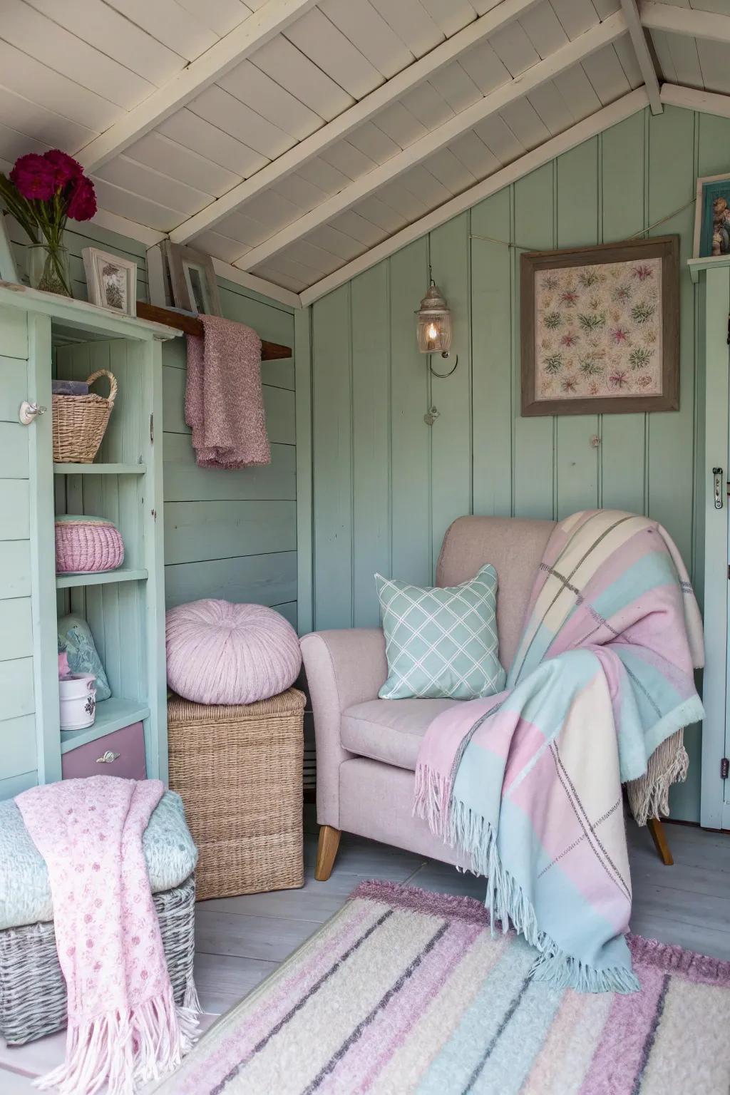 A peaceful escape featuring soft textiles and comforting shades inside a shed.