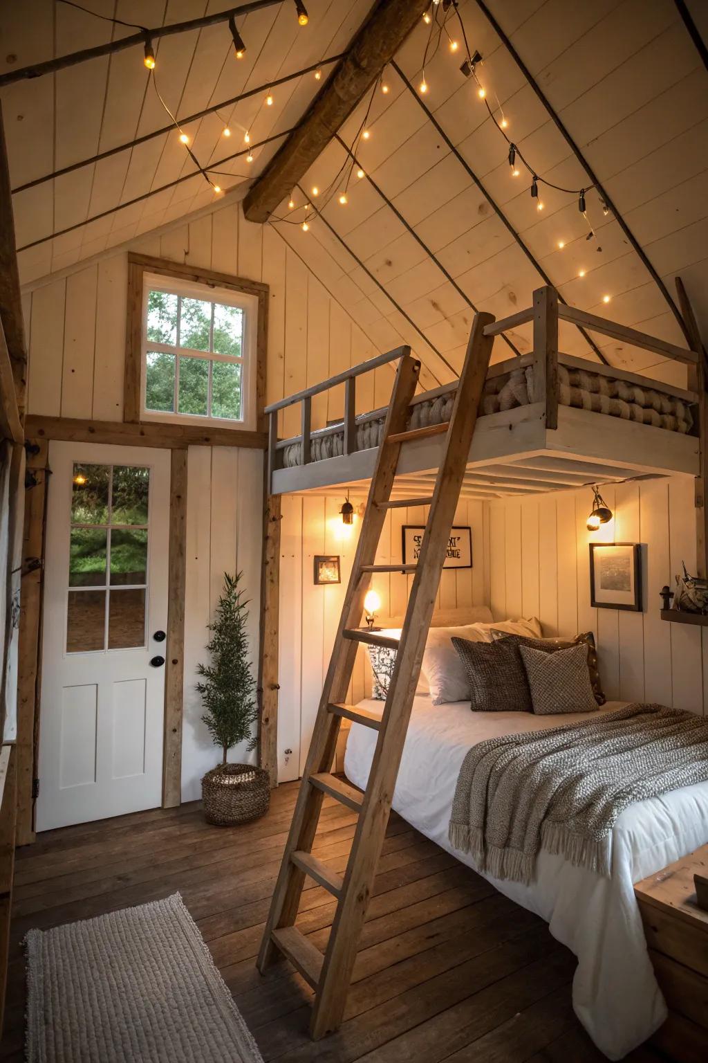A raised sleeping area gets the most out of vertical space in a shed house.