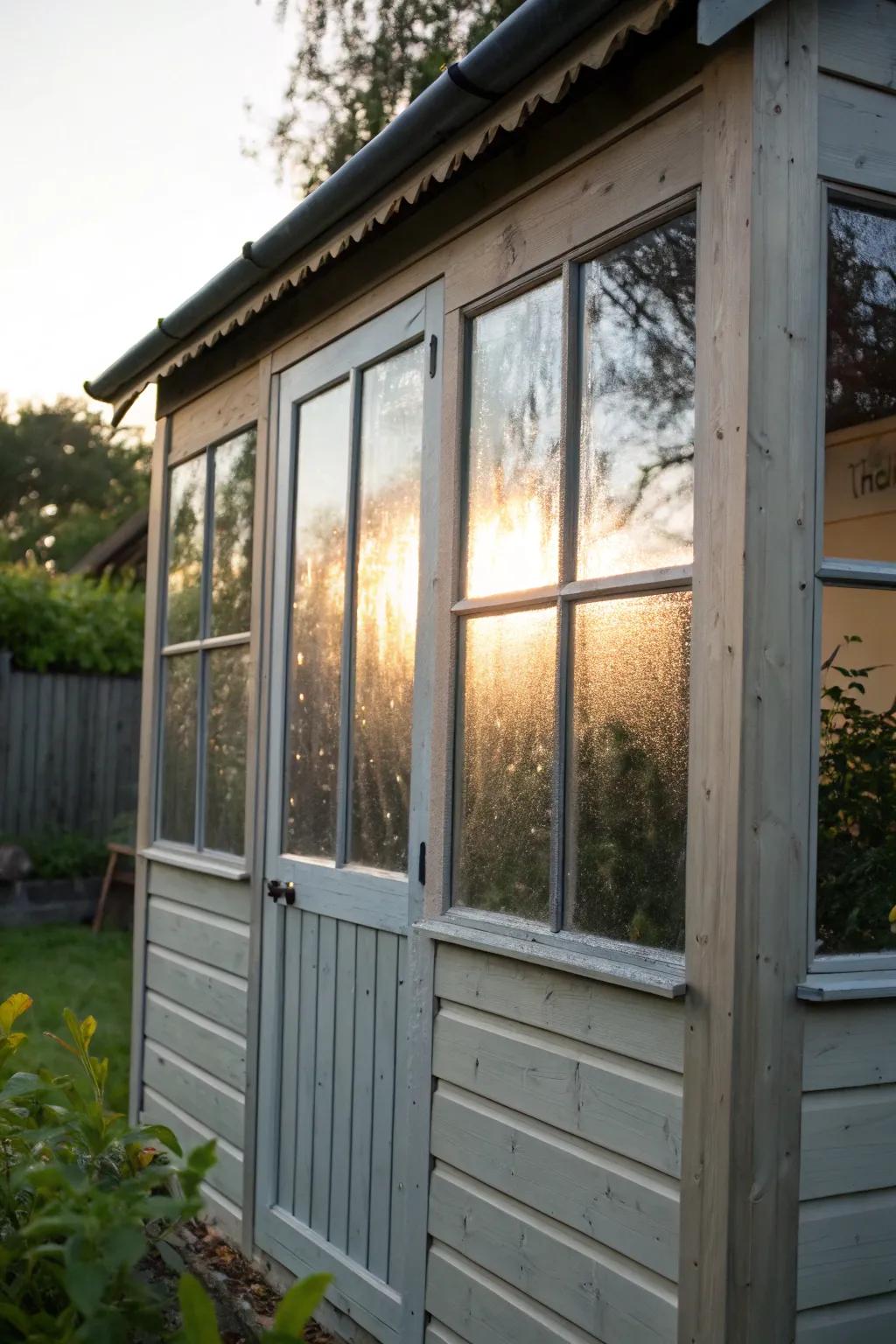 Reflective coating maintains solitude while allowing natural light into the shed.