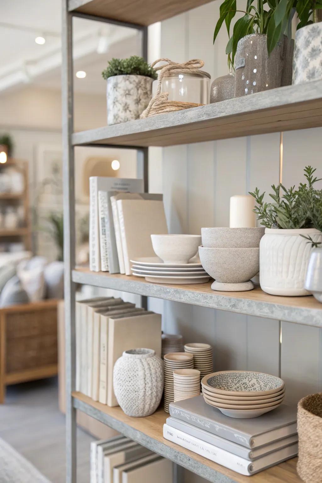 Unified shades create a harmonious and timeless shelf aesthetic.