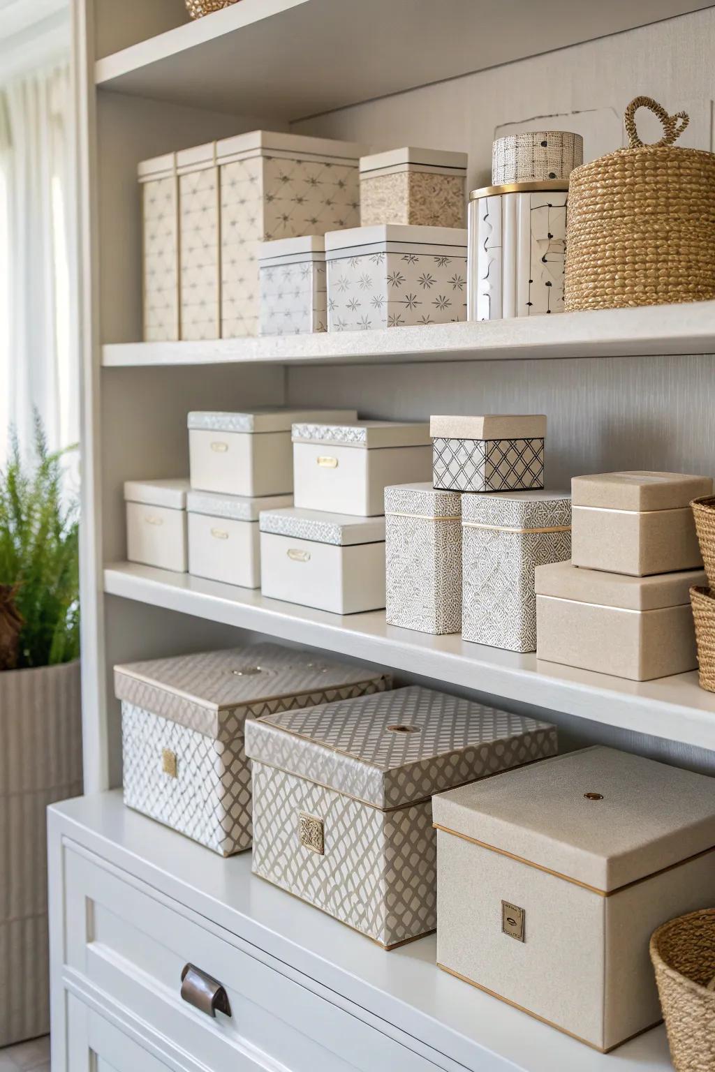 Pretty boxes lend style and storage to all shelves.
