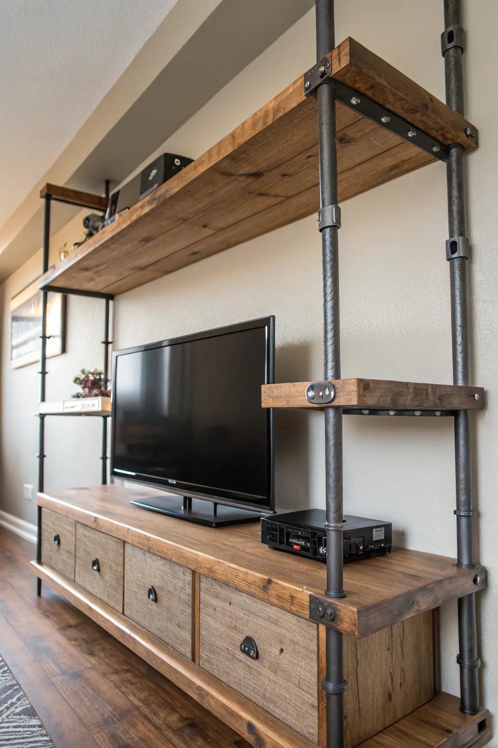 Factory-inspired shelves contribute a modern touch above the TV.