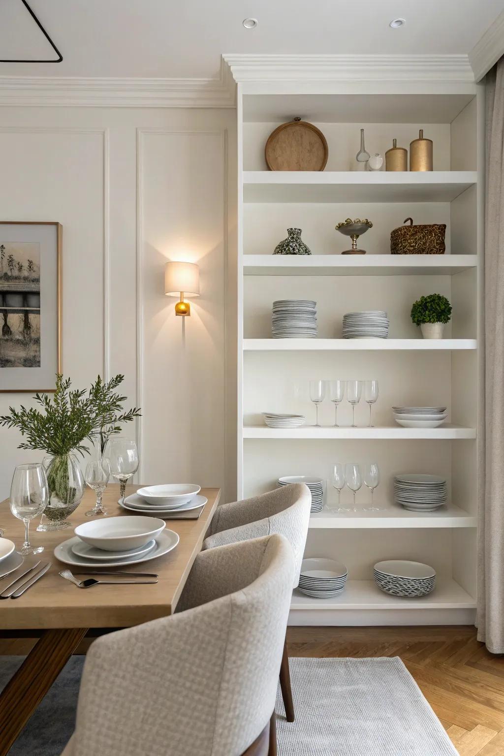 Enhancing the neat aesthetic of the dining zone through minimalist shelving.