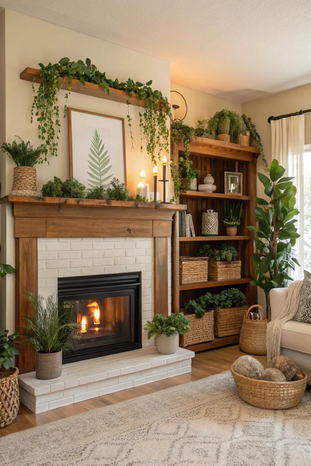 Botanicals and natural decor infuse a revitalizing touch onto the shelves.