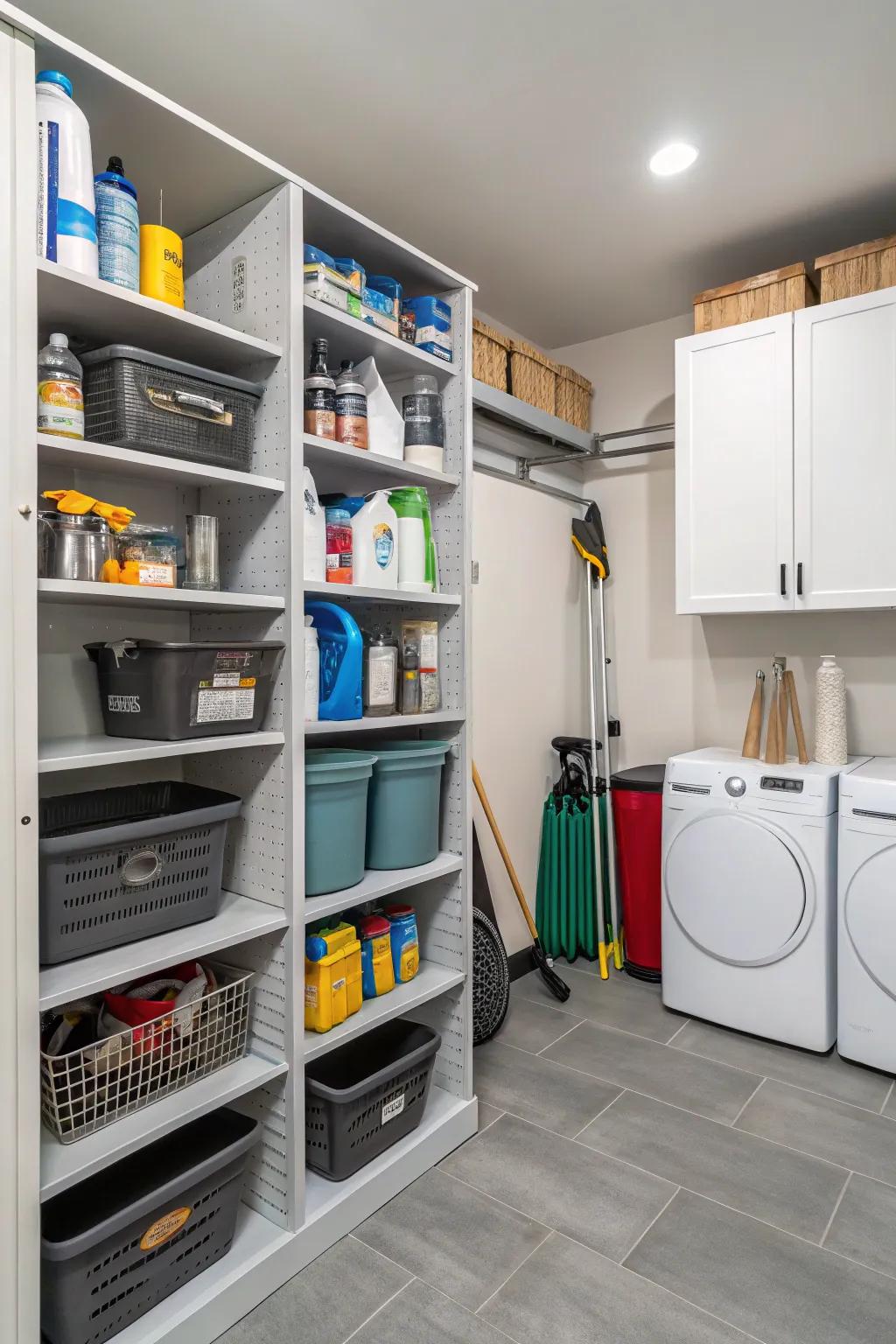Adjustable shelves in a utility room, offering flexible storage solutions for diverse needs.