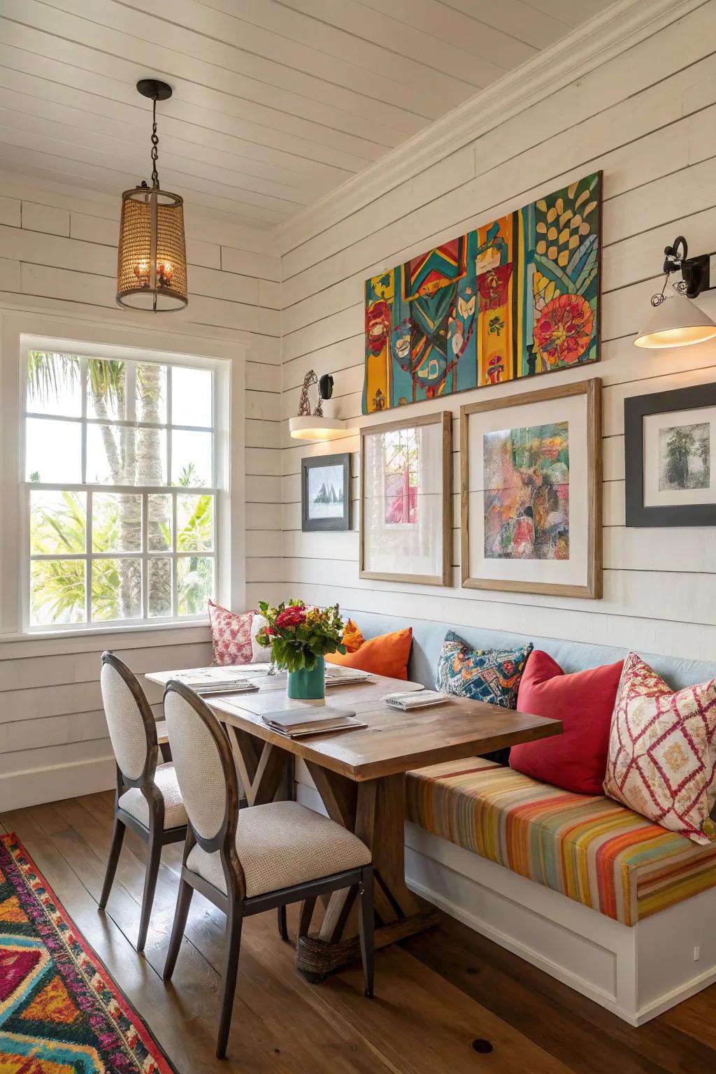 A dining room featuring colorful accents and shiplap walls.