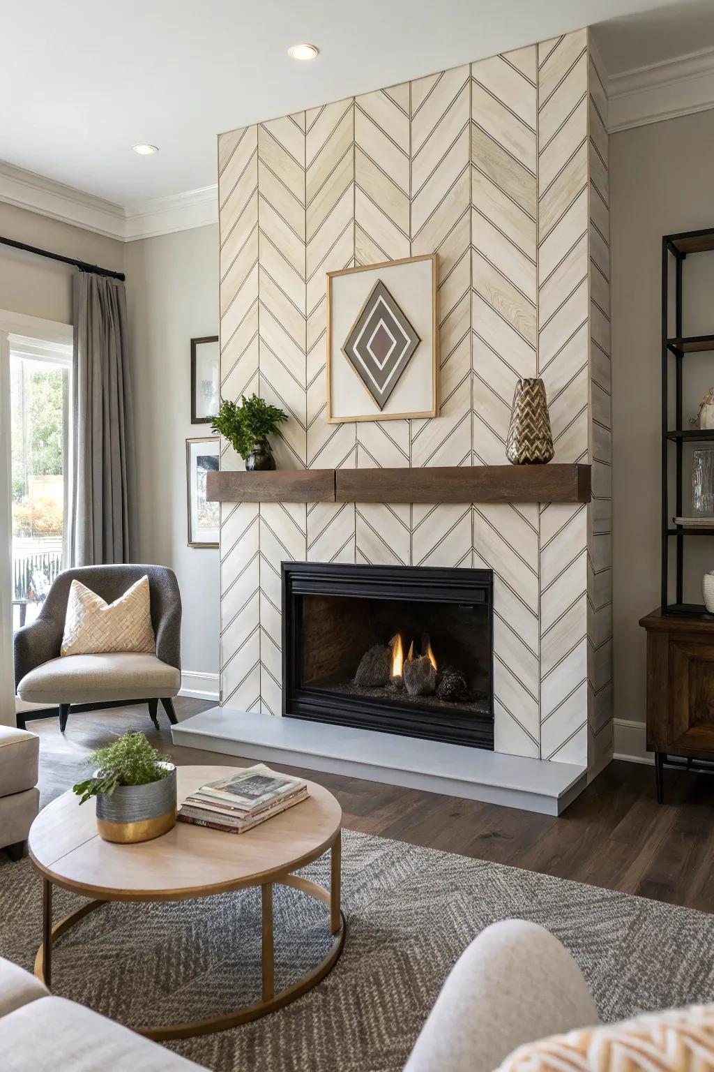 Chevron-patterned shiplap introduces style and dynamism to the fireplace.