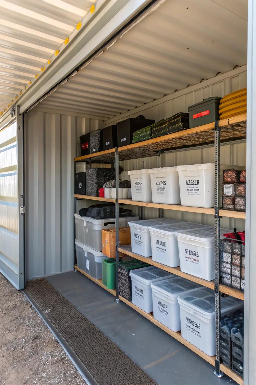 Efficient storage solutions within a shipping container barn.