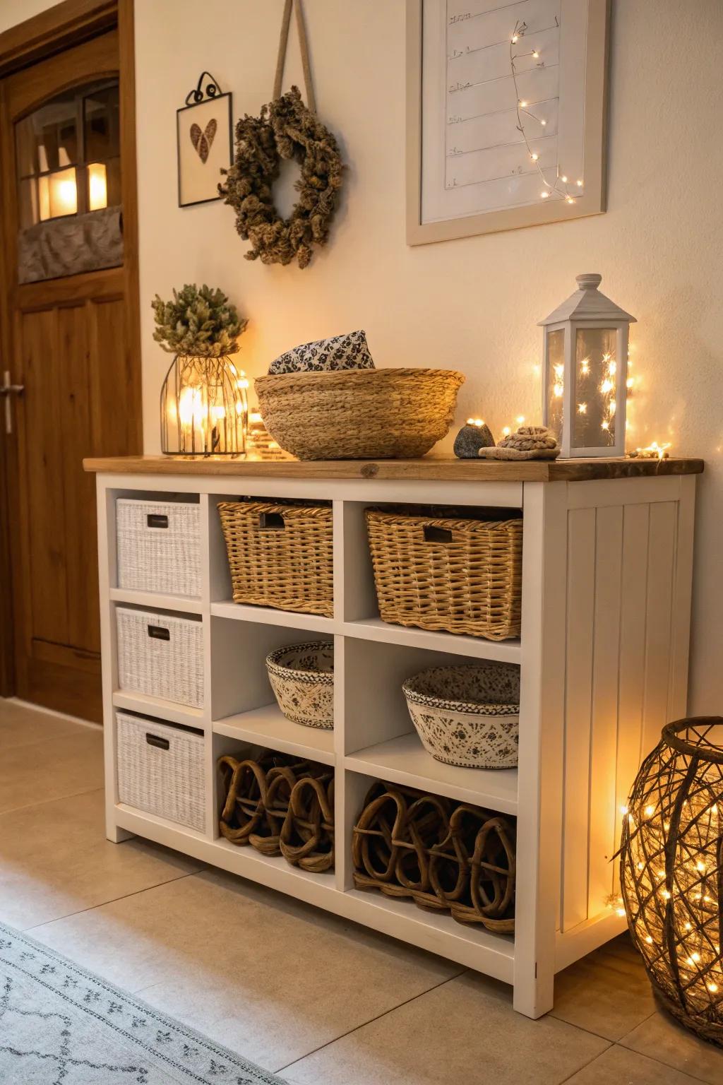 A footwear closet adorned with bespoke decorative touches.
