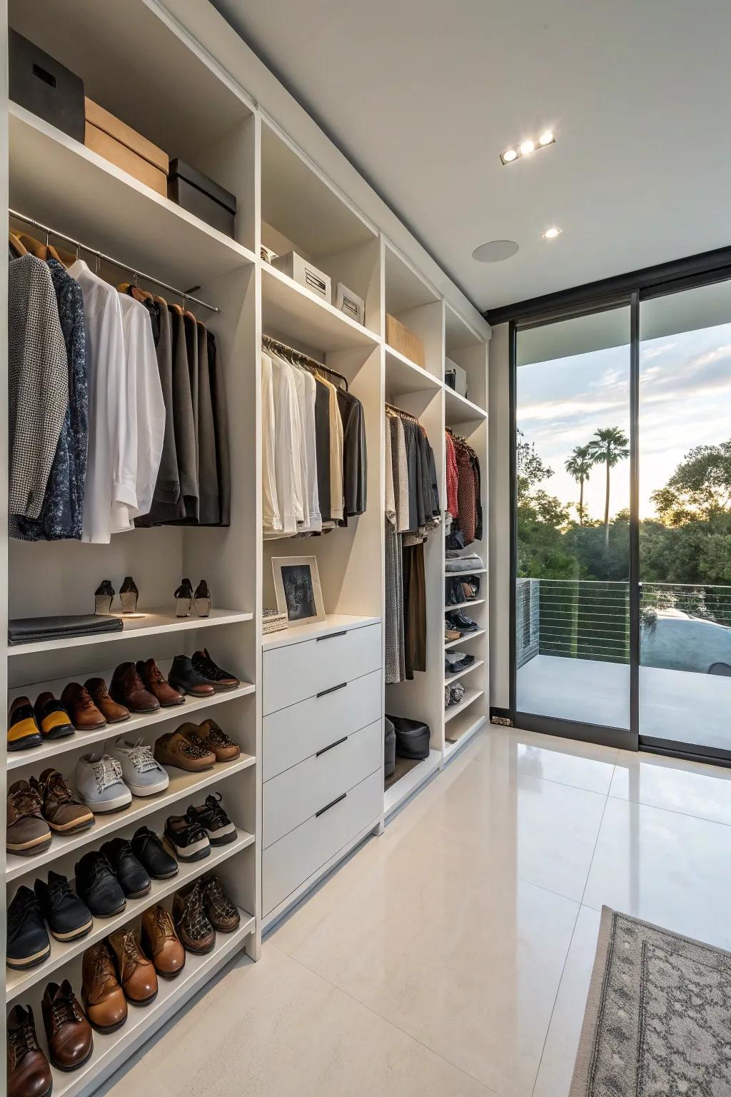 Achieve streamlined storage by integrating shoe racks into your closet.