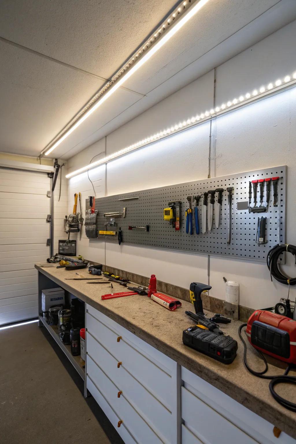 A garage wall illuminated with LED strip lighting.
