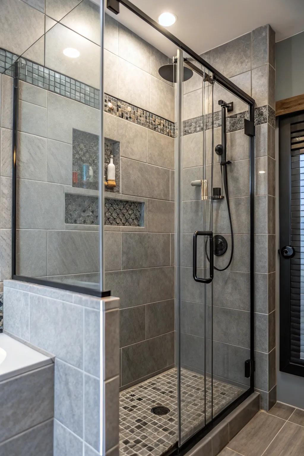 Surface feel variance for an engaging grey-tiled shower.