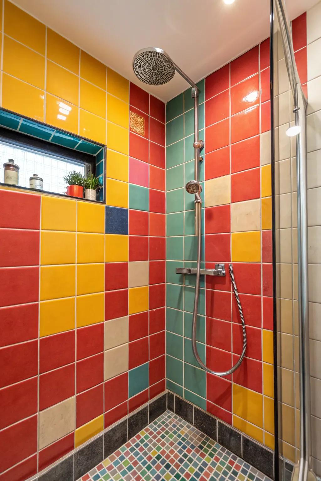 Daring hues in ornamental sections add dynamism and individual taste to the shower.
