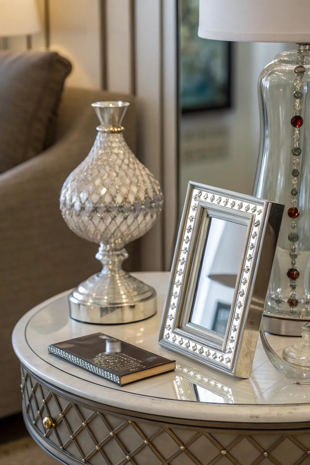 A side table enhanced with a mirror to amplify light and space.