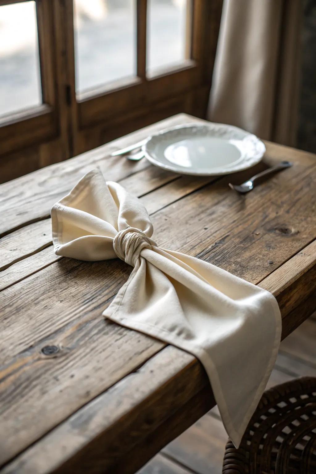 A silken cloth tied into a casual tie, offering a relaxed class to your dining setup.