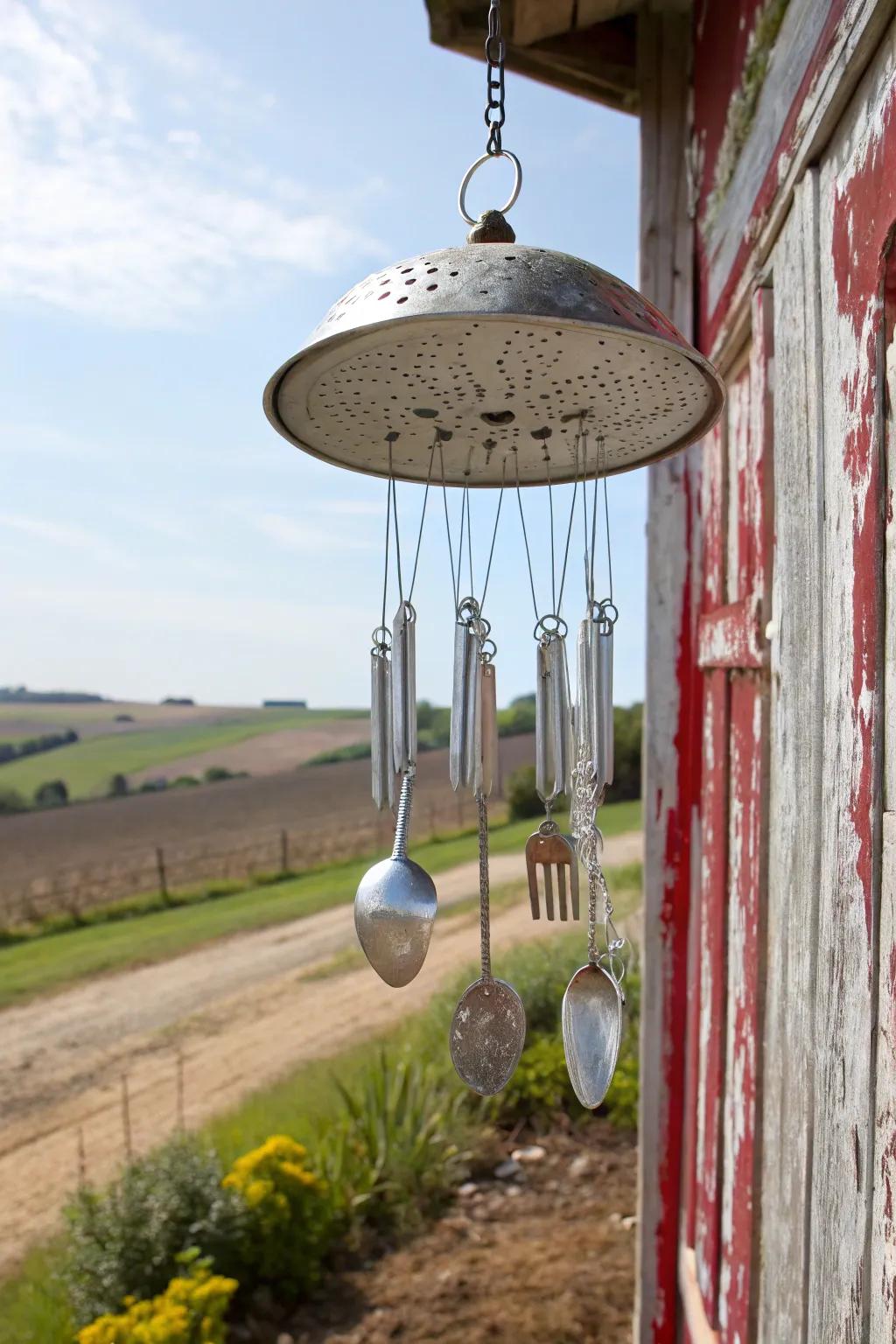 A filtering device appends countryside charm to this silverware wind chime.