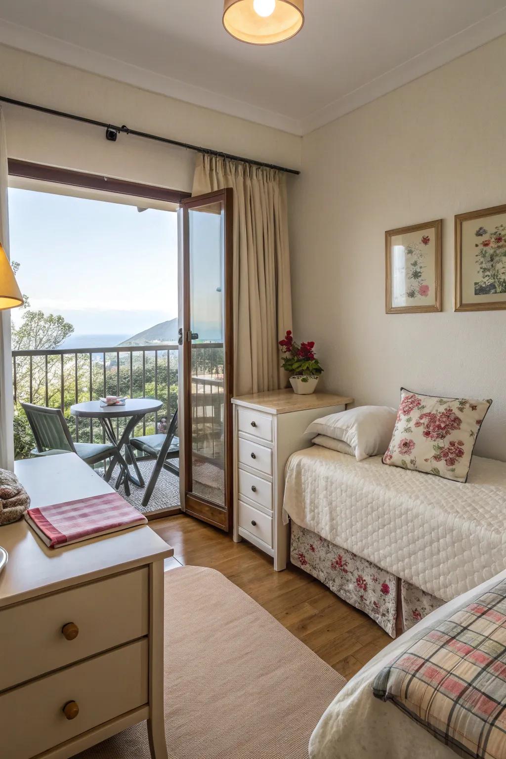 Functional and fashionable space-saving furniture in a bedroom with a balcony.