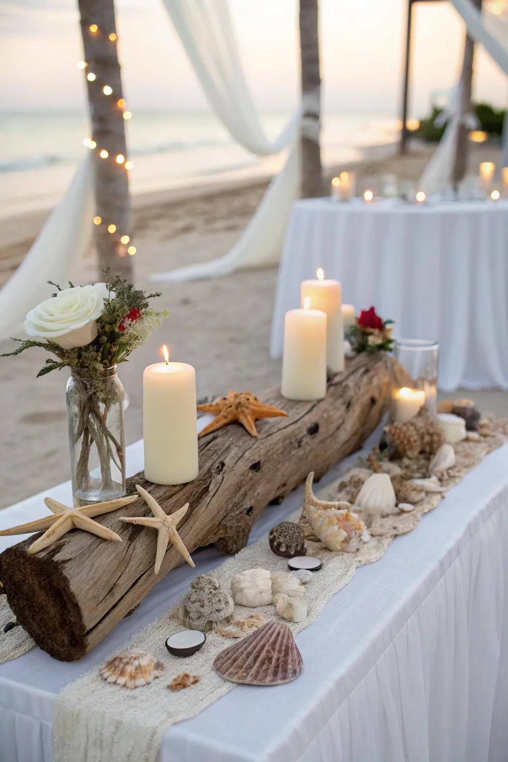 A bride and groom table with beach elements like driftwood and seashells.