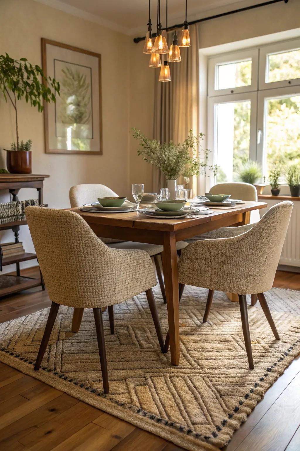 Layered textures impart warmth and depth to the dining space.