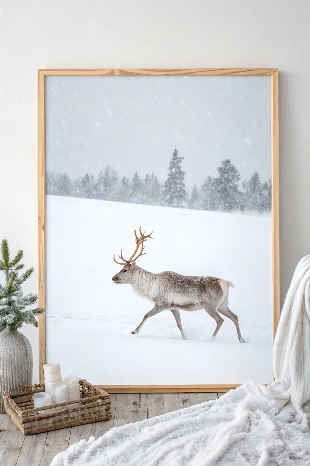 Encapsulate the magic of winter with this minimalist reindeer artwork, where unpretentiousness converges with elegance in a snow-laden wonderland.