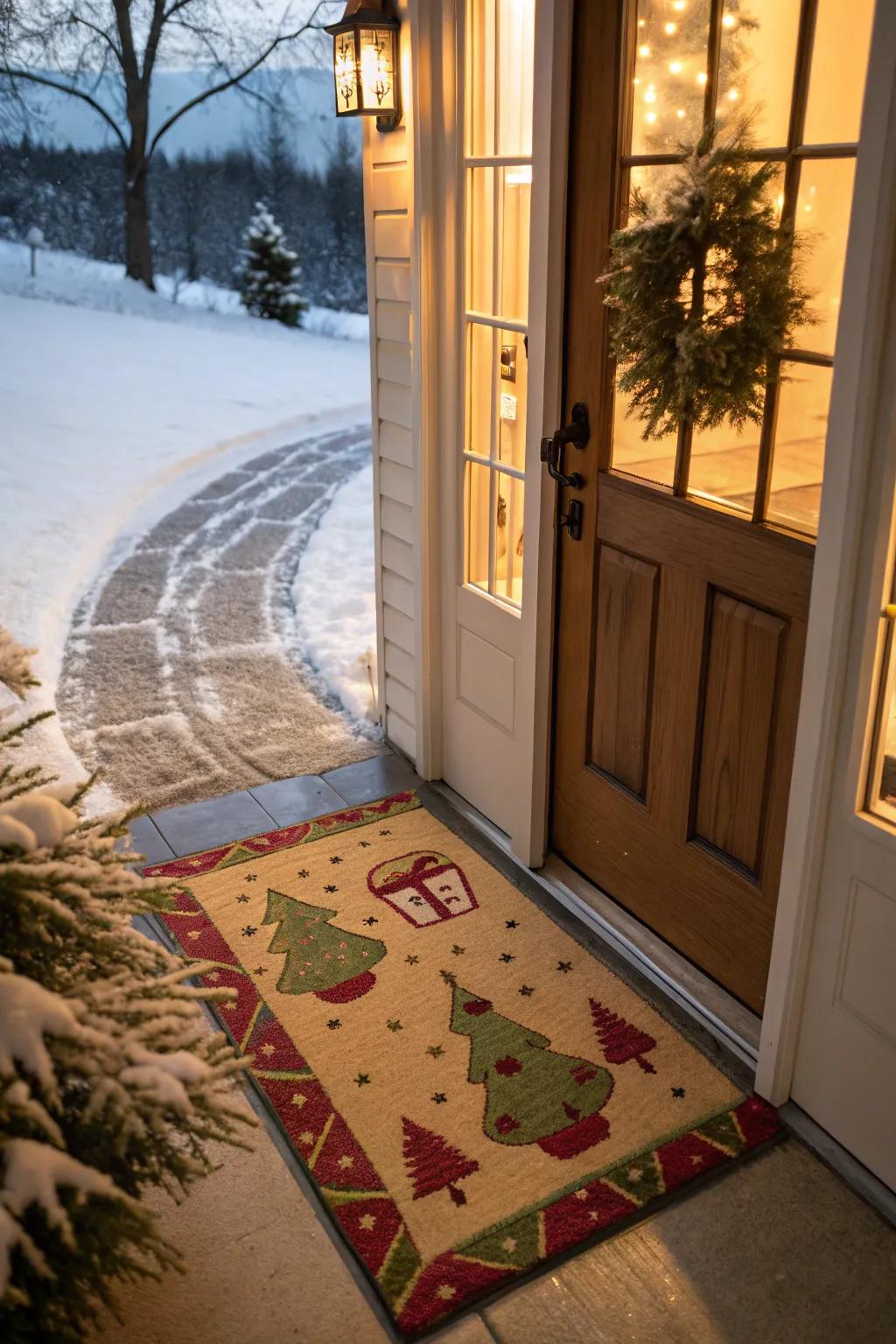 A joyful doormat welcomes guests with holiday cheer.