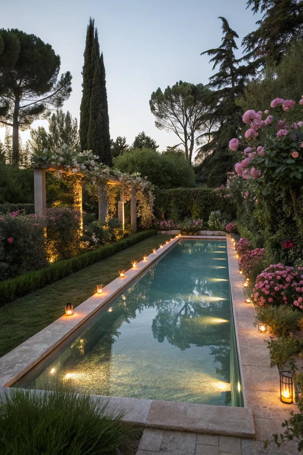 Mood lighting turns the poolside into a magical evening escape.